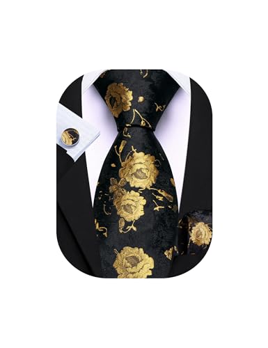 Barry.Wang Black Gold Ties for Men Floral Silk Necktie Pocket Square Cufflinks Set Formal Business Wedding Party Prom