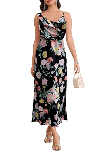 Image of Women's Summer Satin Dress Elegant Cowl Neck Adjustable Spaghetti Strap Wedding Guest Cocktail Party Maxi Dresses