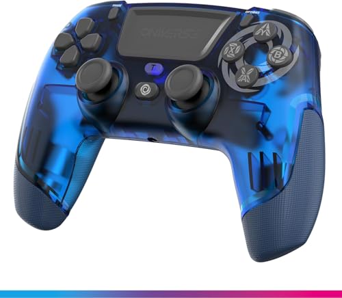 Oniverse Manette sans fil pour PS4, PS3, PC, Android iOS, prise casque, joystick à effet Hall, batterie rechargeable de 1000 mAh, touches macro, fonction réveil, gyroscope 6 axes, Revolt Blue