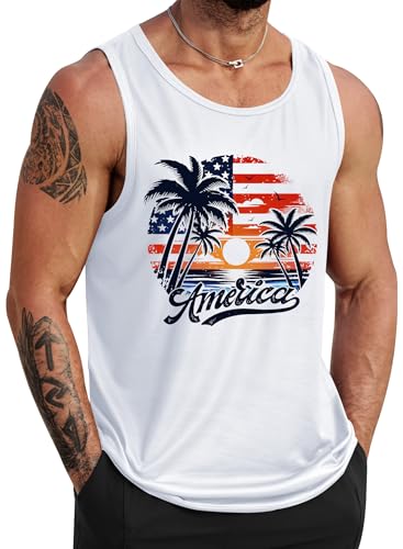 Image of VOGSTART Mens American Flag Tank Top Independence Hawaiian Tee Stylish Print Gym Man Shirt White Hawaiian XL
