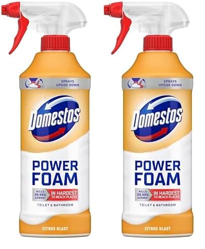 Domestos Power Foam Citrus Blast Toilet & Bathroom Cleaner Spray sprays upside down & kills 99.99% of germs for cleaning inside the toilet & around bathroom 450 ml (Pack of 2)