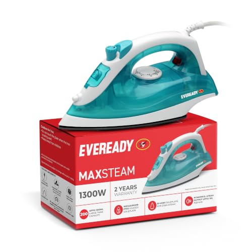 Image of Eveready Maxsteam 1300W Steam Iron with Weilburger PTFE Coated Soleplate, 19-Vent Even Steam Distribution, 200ml Large Water Tank, 1.75m Long Braided Cord & 2 Years Warranty (Blue-White)