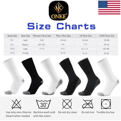 Image of ONKE Athletic Work Socks for Men Women Heavy Cushion Crew Moisture Wicking | Cotton, Max Full Cushion, Odor Control, Breathable, Comfortable, Durability, Anti Blister, Arch Support, Size M /L /XL 3 /6 Pack