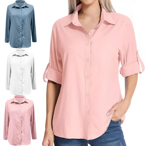 La Mejor Recopilación de Ropa de Pesca para Mujer los 5 mejores. 50 camisa manga larga mujer, Camisas de manga larga con botones con protección solar UV UPF 50+, camisa sin arrugas, cuello para trabajo (MX/US, Alfa, X-Grande, XX-Grande, Regular,...