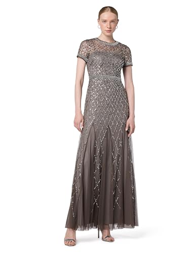 Adrianna Papell Women's Short Sleeve Beaded Mesh Gown, Lead, 14