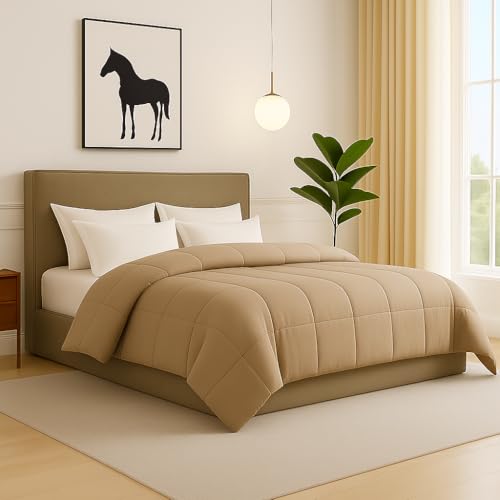 Image of King Size - 102x108 Comforter Set, 4 Pieces Bed in a Bag, Complete Bedding Set Includes Beige Comforter, Flat Sheet,2 Pillowcases, Beige