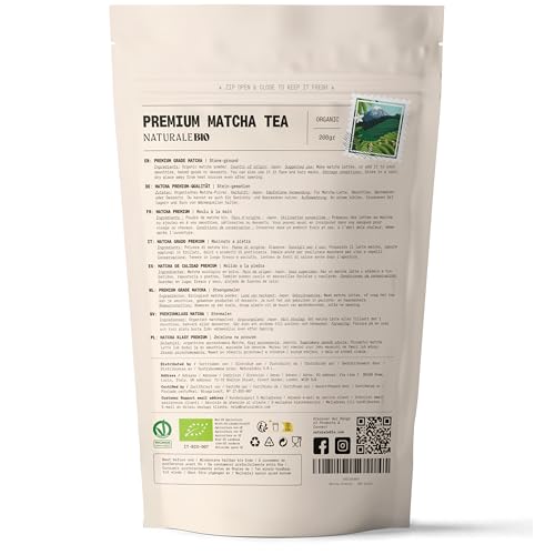 Foto von NaturaleBio Matcha Tee Pulver Bio - Premium-Qualität - 200g. Original Green Tea aus Japan. ideal zum Trinken. Grüntee-Pulver für Latte, Smoothies, Matcha-Getränk. Hergestellt in Uji, Kyoto.