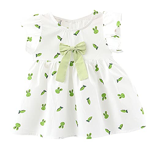 amropi Bebé Niñas Vestido Algodón Manga con Volantes Corbata de moño Princesa Casual Vestido Verde Blanco,12 18 Meses