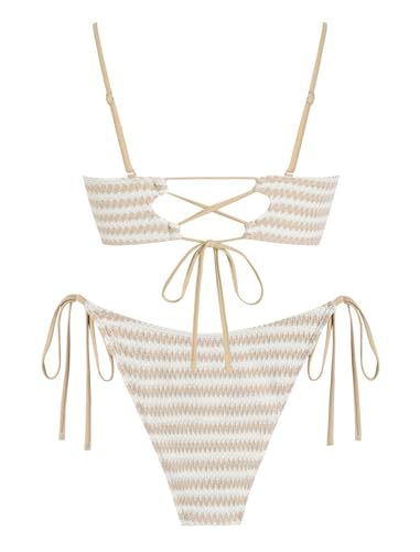 Image of ZAFUL Women Strapless Textured Bandeau Bikini 2 Piece Swimwear Cheeky Solid Lace up Bathing Suits