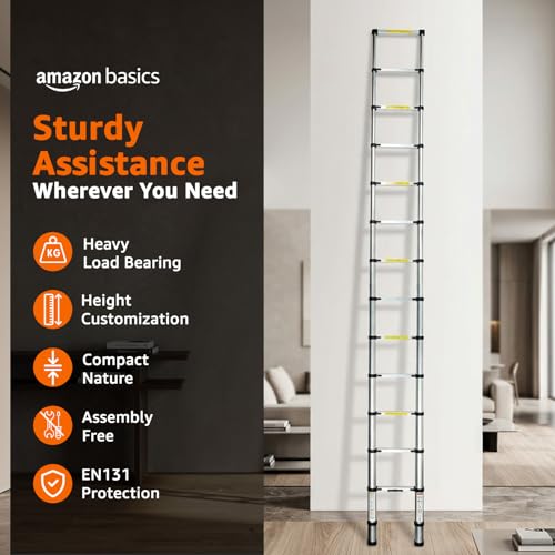 Image of Amazon Basics 5.1 m (16.73 ft) Foldable Telescopic Ladder | Aluminum 13-Step Portable Ladder | Space-Saving for Home Maintenance & Outdoor Tasks