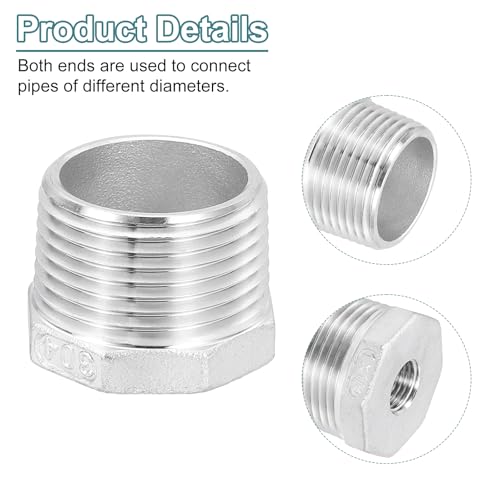 Image of uxcell 2Pcs 1 inch Male to 1 /4 inch Female NPT 304 Stainless Steel Reducer Hex Bushing, Reducing Cast Pipe Adapter Fitting for industrial, oil /gas, water, HVAC, and plumbing systems