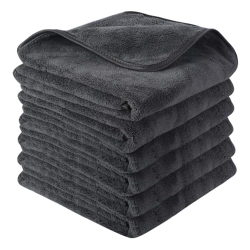SINLAND Microfiber Car Drying Towels Ultra Absorbent,No Streaks,Scratches, or Water Spots,Wash Cleaning Auto Detailing Towels 380gsm 16inch x 24inch 6 Pack Grey