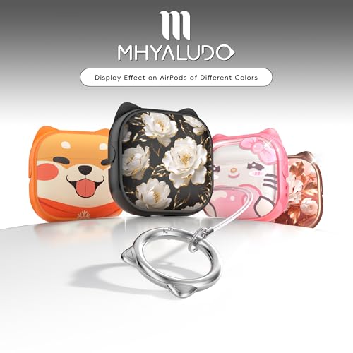 Image of for AirPods 4 Case with Cleaning Kit, Cute Cat Ear Print Design & Cute Buckle, Inverted Phone Holder Design, Top Safe Lock Buckle Design, for Girls AirPods 4 case 2024, Black Peony