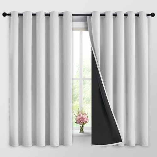Image of Yakamok Greyish White 100% Blackout Curtains 63 Inches Long, 2 Thick Layers | Blackout Curtains for Bedroom /Living Romm Full Light Blocking Soft Thermal Insulated Drapes for Bedroom 62 inch Wide Each Panel