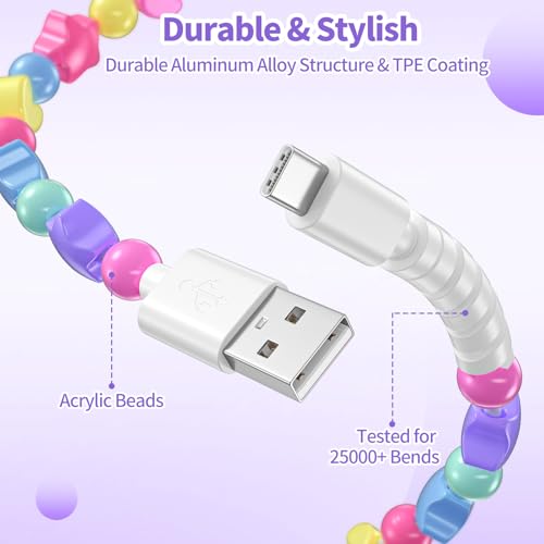Image of VOFUOE USB to USB C Cable for iPhone 17 Charging Cord Type C Fast Charging Stars Bead Chain Charging Cable for Women 3.3FT for iPhone 16 /15, Galaxy S24 /S25 Ultra, for iPad 11th /10th -Candy Color