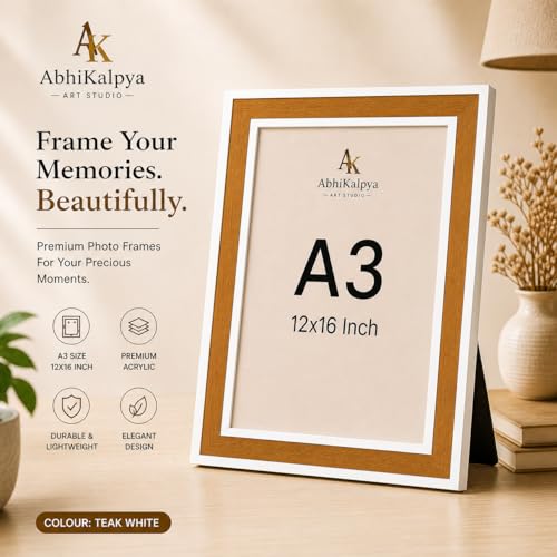 Image of AbhiKalpya Art Studio A3 Photo Frame 12x16 Inch | Premium Teak Acrylic Frame with White Border | Wall Decor Frame for Artwork, Posters, Pictures & Paintings (Set of 3)