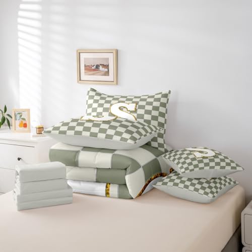 Image of Erosebridal Sage Green Checkered Full Comforter Set with Sheets 7 Piece Plaid Initial S Bed in A Bag Personalized Monogram Bedding Sets for Kids Adults,Fashion Grids Gingham Bed Set