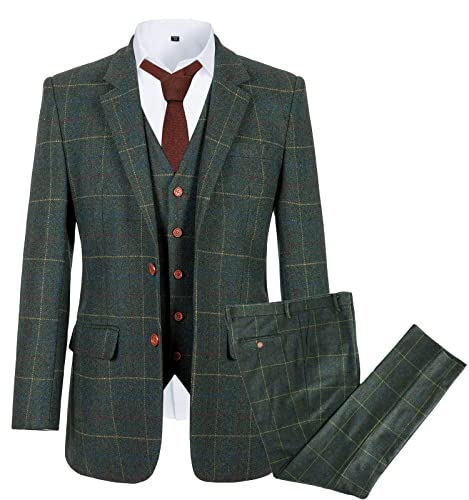 Wemaliyzd Mens Vintage 3 Piece Checkered Plaid Suit Tweed Blazer Vest Pants (Green, 48R)