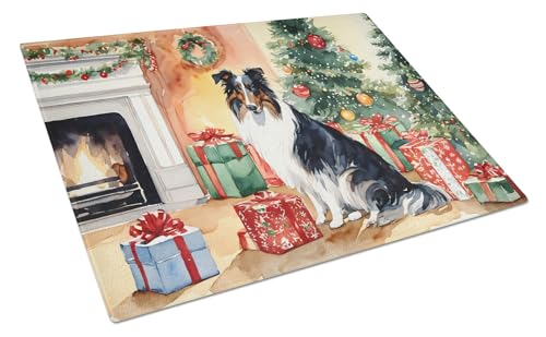 Caroline's Treasures DAC2636LCB Collie Cozy Christmas Glass Cutting Board Large Decorative Tempered Glass Kitchen Cutting and Serving Board Large Size Chopping Board