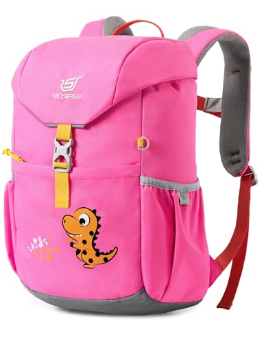 SKYSPER Mochila infantil 12L para niños y niñas 5-8 años | Dinosaurio | Senderismo, viaje, al aire libre (rosa)