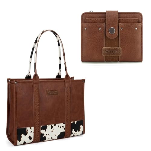 Wrangler Cow Print Tote Bag and Cowhide Wallet Set for Women