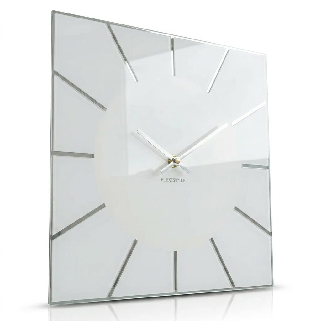 FLEXISTYLE Wanduhr groß 50cm weiß Holz modern lautlos ohne Tickgeräusche minimalistisch Design Wanddekoration Wohnzimmer Küche Büro Badezimmer Elegante große wall Clock skandinavisch