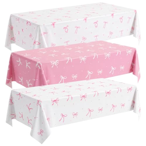 Image of 3 Pack Coquette Pink Bow Plastic Tablecloth, Pink and White Tablecloth