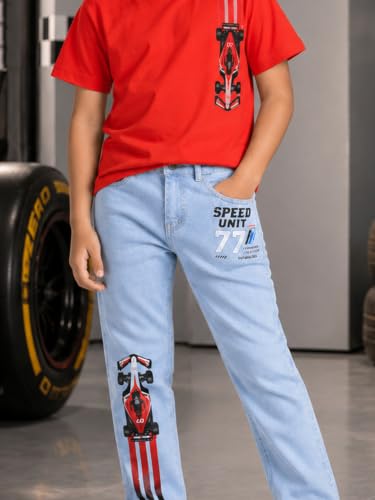 Image of KiddoPanti Boys Printed Co-Ords Set | 100% Cotton & Cottnon Spandex Woven | Drop Shoulder Tshirt with Jeans | Graphic Printed Design| Outerwear For Kids