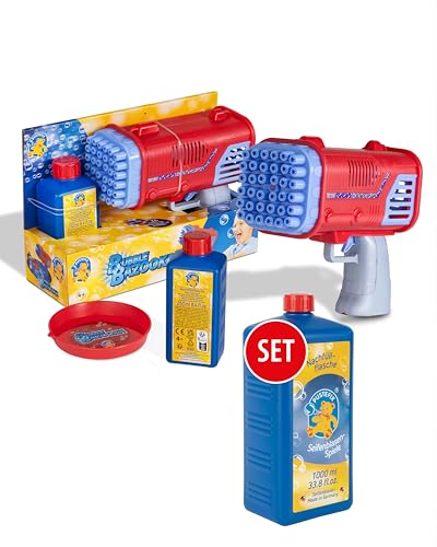 PUSTEFIX Bubble Party Bazooka & 1L Nachfüllflasche I Lustiges Seifenblasen Kinder Set mit Seifenblasen Flüssigkeit I Besonders viele Bunte Bubbles