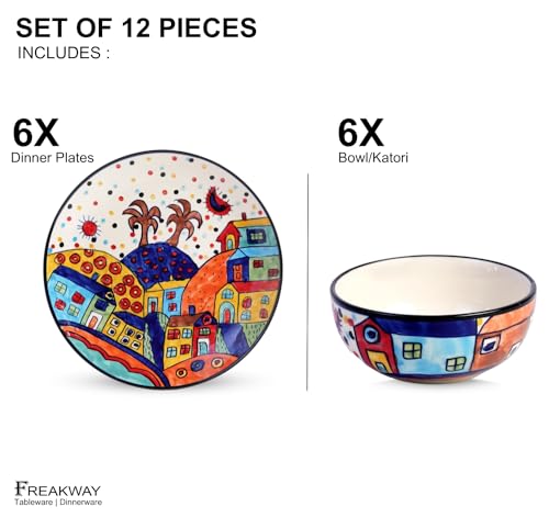 Image of Freakway Hut Family Hand-Painted Glossy Dinner Set Ceramic Stoneware Dinner Set of 12 Pieces | 6 Dinner Plate 10.3 Inch & 6 Serving Bowls 180 Ml | Dishwasher & Microwave Safe - Multicolor, Solid