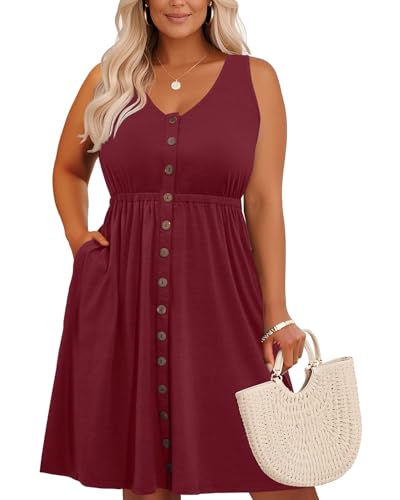 Image of Holipick Women's Plus Size Summer Dresses for Women Casual Dress with Pockets A-Line Swing Button Down Sleeveless V Neck