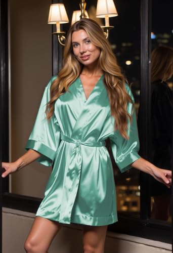 Image of Turquaz Women's Silky Satin Kimono Robes for Bridesmaids, Bride, Short Loungewear, Lingerie Dressing Gown Silk Like VS Robe