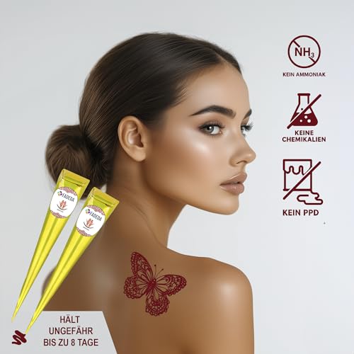 4x FADEDA Henna Kegel | 4x 25g natürliche Paste | 2x Schwarz, 1x Natur-Braun, 1x Kastanien-Braun | 8 verschiedene Sticker-Schablonen | 100 % pflanzlich | gebrauchsfertig & ohne PPD