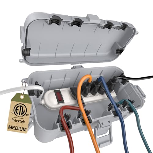 Flemoon Medium Outdoor Electrical Box (11.5x5.2x4 inch), IP54 Waterproof Extension Cord Cover w/6 Cable Entry Ports, Weatherproof Connection Box for Power Strip, Timer, Holiday Lights, Light Grey