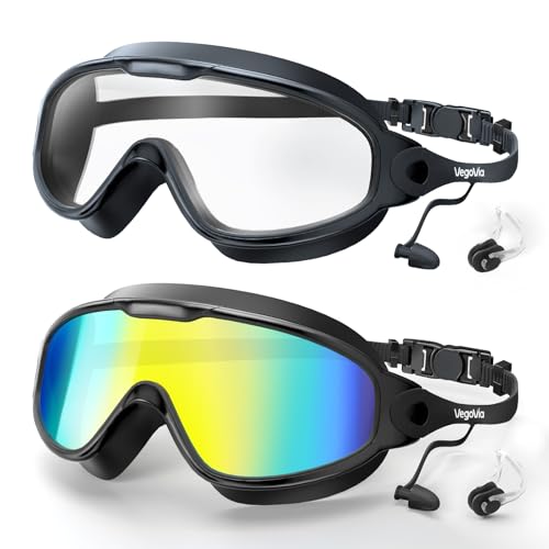 VegoVia Adult Swim Goggles 2 Pack, 180° Wide View Anti-Fog Pool Water Goggles Swimming Adult UV Protection No leaking Swim Glasses Waterproof for Men Women Youth Pool Beach Open Water