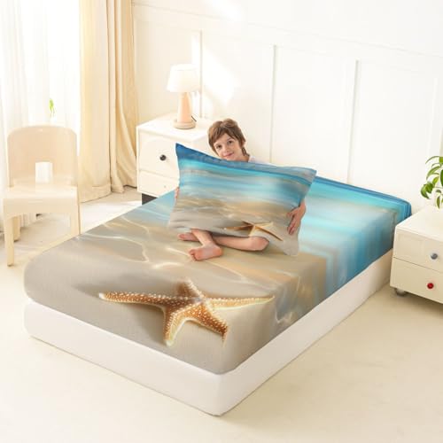 Image of jejeloiu Beach Scenery Bed Sheets Set Twin Size Ocean Bed Set Coastal Nautical Deep Pocket Fitted Sheet Starfish Seashell Conch Breathable Soft Lightweight Microfiber