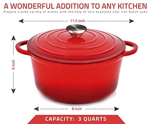 Hystrada Enameled Cast Iron Dutch Oven - 3Qt Dutch Oven Pot With Lid And Steel Knob 500 Degrees - Cast Iron Cookware With Loop Handles For Gas, Electric & Ceramic Stoves - Red Enamel Dutch Oven For Cooking & Baking #TOP5