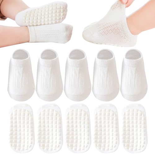 QIYIENDIAN Calcetines de malla antideslizantes para niños 5 pares algodón calcetines transpirables para bebés(A Purecolour white,1 3Y)