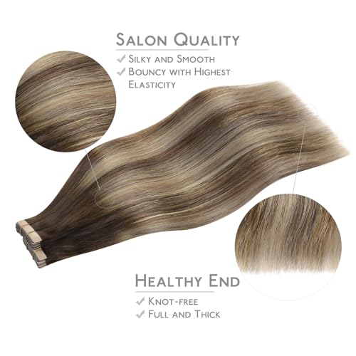 Image of Wennalife Tape in Hair Extensions Human Hair, 40pcs 100g 20 inch Balayage Chocolate Brown to Honey Blonde Hair Extensions Real Human Hair Straight Tape in Extensions Reusable Real Hair Extensions