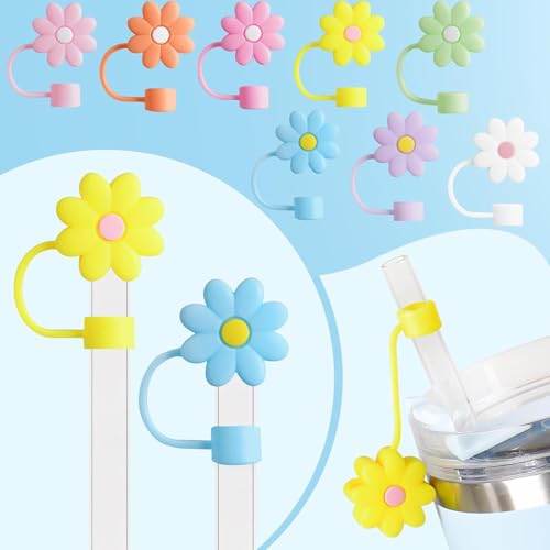 Image of House of Quirk 5PCS Silicone Straw Covers Cap Compatible with Stanley 10mm Cute Flower Straw Toppers for Tumblers, Dust-Proof Drinking Straw Caps for Reusable Straws Tips Lids (Multicolor)