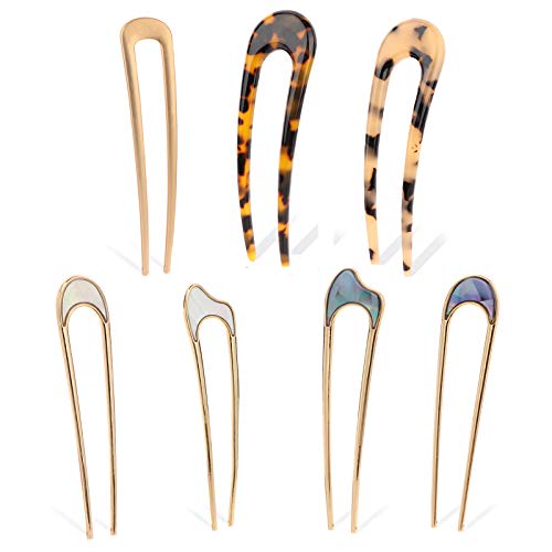 7 Pieces U Shaped Hairpins 2 Prongs Updo Chignon Pins Cellulose Acetate Hair Pin Hair Stick Fork Sticks Metal Hair Pin Tortoise Shell Hair Pin for Women Girls Hair Styling Accessories