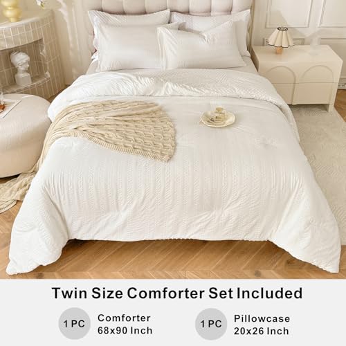 Image of tohrisa Boho Comforter Set Twin Size Striped Pleats Bohemian Seersucker Bedding Set All Season Soft Cozy 2 Pieces Quilt with 1 Pillowcase(68 inchX90 inch White)
