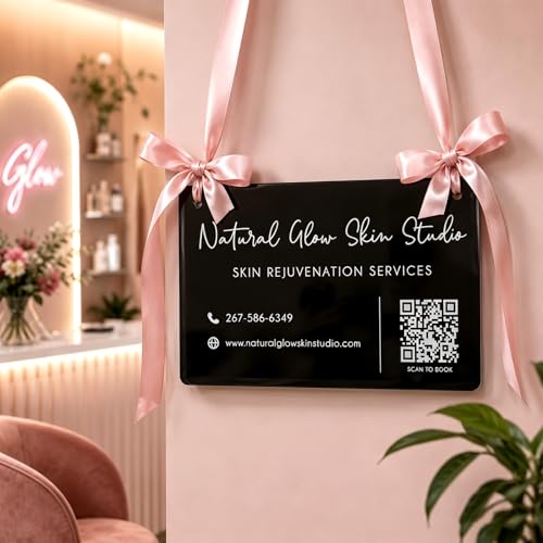 Image of Custom Acrylic Hanging Business Sign with Satin Ribbon, Personalized UV Printed QR Code Sign for Salon Spa Boutique Office Door Window, Small Business Welcome Sign, Market Booth Vendor Display Decor