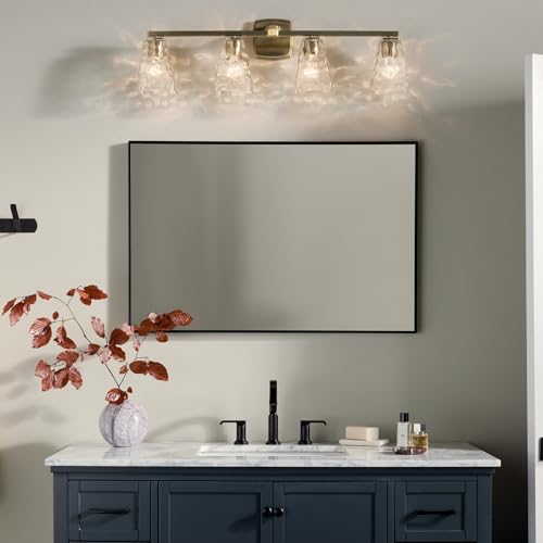 Image of Kichler Marant 4-Light Bathroom Vanity Light Fixture with Clear Water Glass in Champagne Bronze for Over Mirror, Modern Wall Mount Lighting (33.25 inch x 9.5 inch x 6.75 inch), 55217CPZWTR