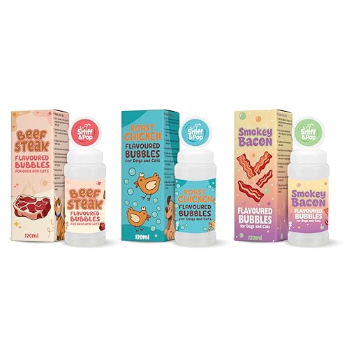 Sniff & Pop Flavoured Dog Bubbles Variety Pack (3 x 120ml) Bacon Chicken & Beef Pet Safe Non-Toxic Bubble Solution for Dogs & Cats Interactive Bubble Wand Toy Bundle