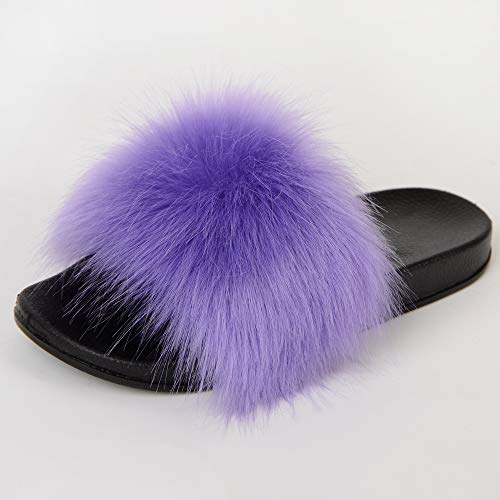 Image of MH Bailment Womens Furry Fluffy Slippers Faux Fur House Slippers Open Toe Fuzzy Slides Soft Flat Slip On Sandals for Indoor Outdoor