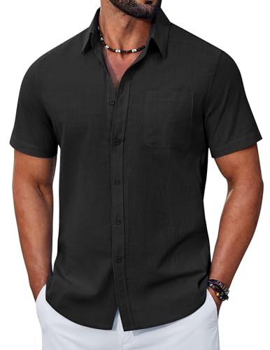 COOFANDY Chemise Homme Manches Courtes en Coton Été Coupe Régulière Chemises Décontractées avec Poches Noir 3XL