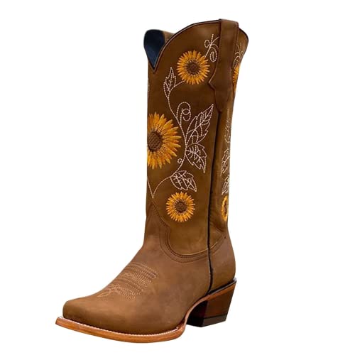 ZHOUYF Mid Calf Cowboy Boots for Women Sunflower Print Embroidery Low Heel Booties Pointed-Toe Pull-on Retro Western Boots