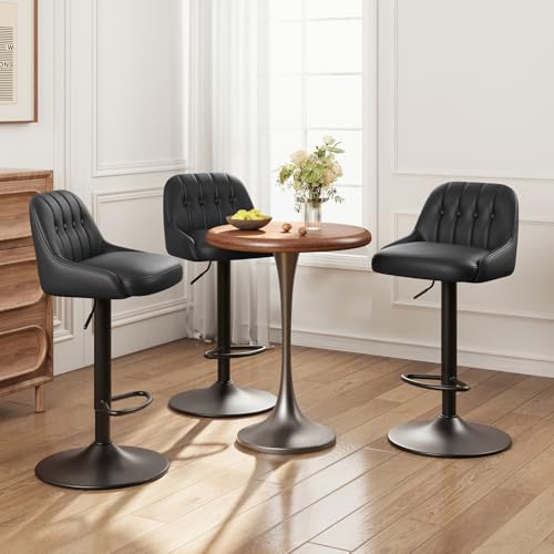Image of MALOL Bar Stools Set of 3, Swivel Bar Chairs, Modern Adjustable PU Leather Upholstered Barstools Counter Height with Tufted Back for Bar, Kitchen Counter Island, Dining Room, Black