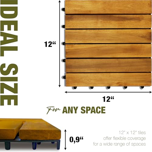 Image of Premium Acacia Wood Interlocking Deck Tiles, 9 PCS 12 inchx12 inchx0.9 inch Floor Tiles, Waterproof Wood Flooring for Backyard & Outdoor Patio Decor, All Weather Use (Golden Teak - Striped Pattern)